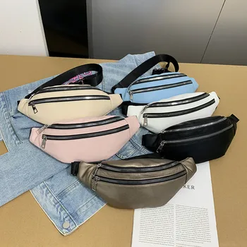 

Unisex Fashion Double Zipper Bags Leather Waist Bags Fanny Pack for women Chest Bags For Men Solide Color Waistpacks #N