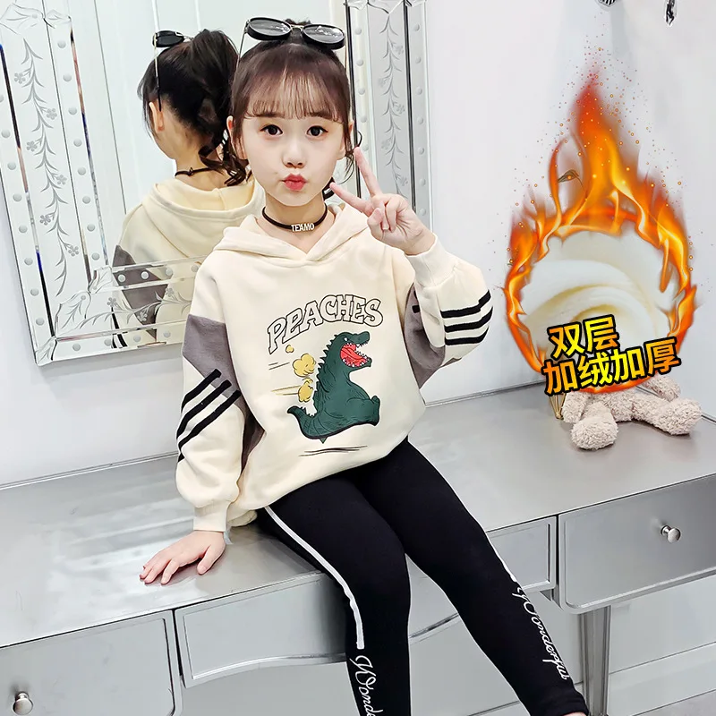 

Baby Girls Hoodies Teenager Kids Dinosaur Hoodie Tops Fall Winter Thicken Warm Outerwear Children Long Sleeve Hooded Sweatshirt