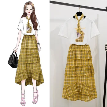 Summer 2 piece set Cartoon Girl White T-Shirt With Scarf + Plaid Layered Ruffles Asymmetry Long Skirt Two Piece Student Suit 
Summer 2 piece set Cartoon Girl White T-Shirt With Scarf + Plaid Layered Ruffles Asymmetry Long Skirt Two Piece Student Suit