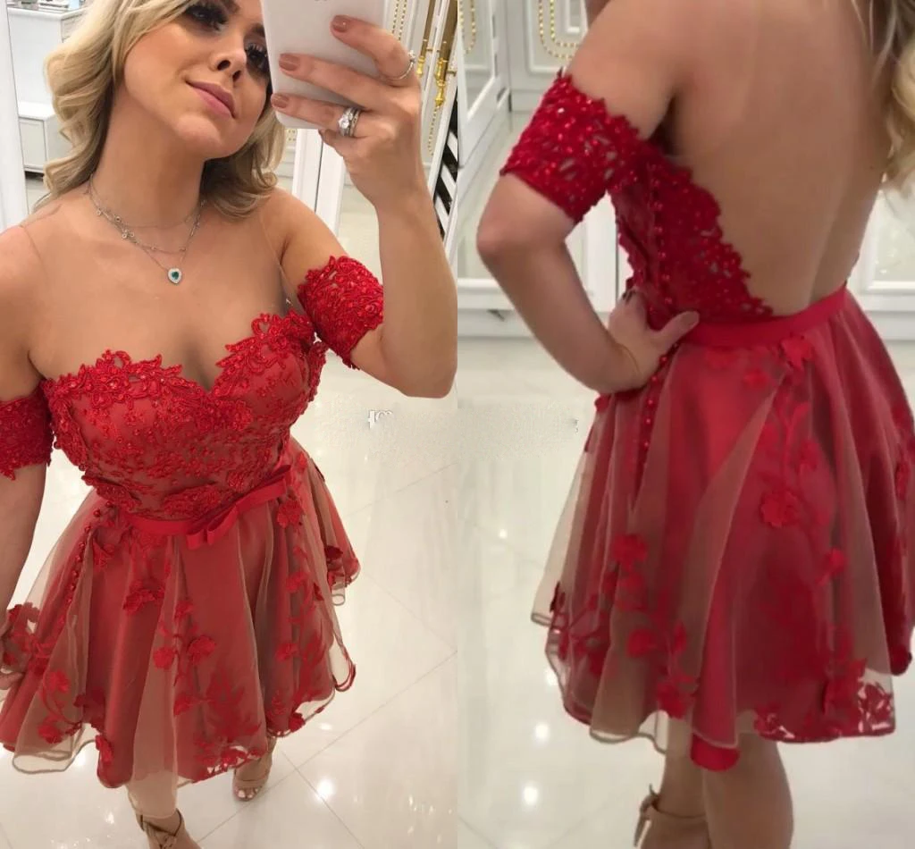 Off Shoulder Red Short Prom Dresses Sheer Neck Short Sleeves Appliques Beaded Tulle Backless Short Party Dresses Illusion Back
Off Shoulder Red Short Prom Dresses Sheer Neck Short Sleeves Appliques Beaded Tulle Backless Short Party Dresses Illusion Back