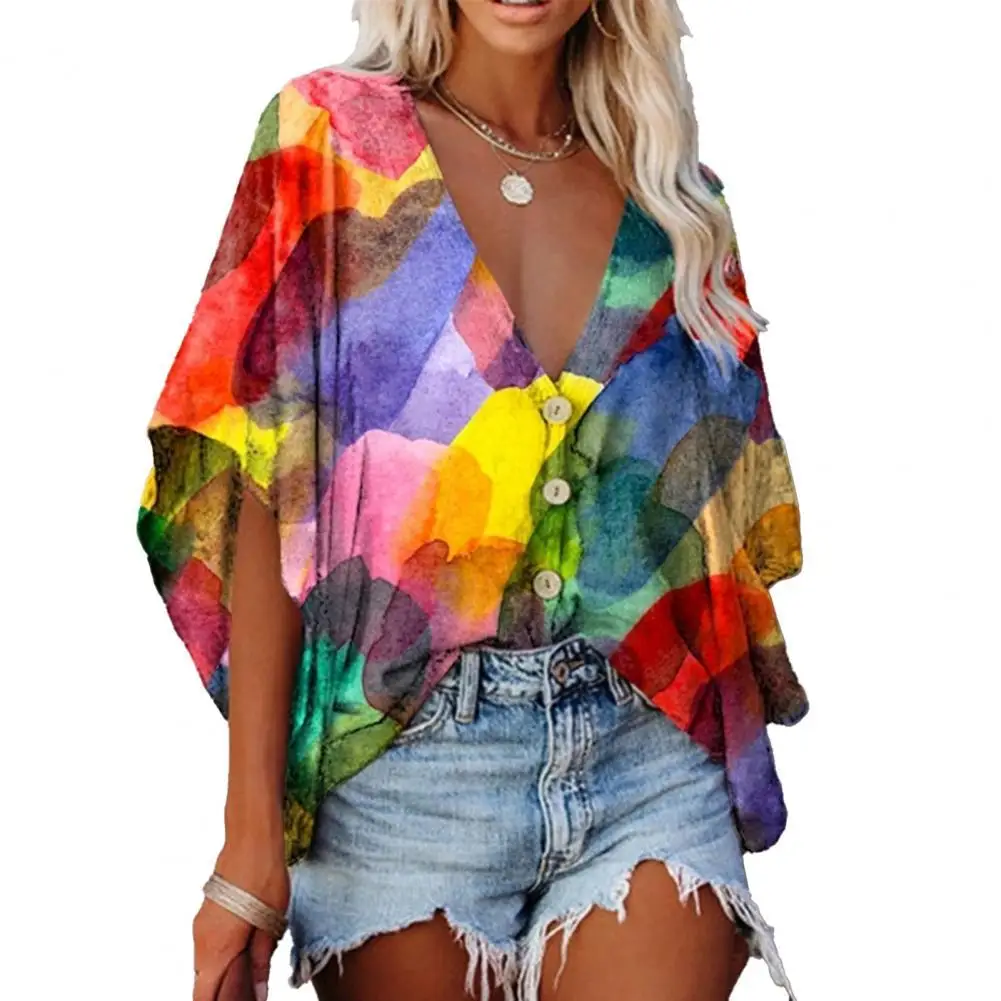 

Hot Sale Fashion New Women Shirt Digital Print Batwing Sleeve Summer V Neck Single-breasted Blouse Top Streetwear Plus Size 2021