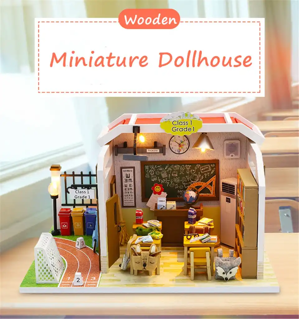 1pcs 3d led wooden diy miniature dollhouse classroom decorate