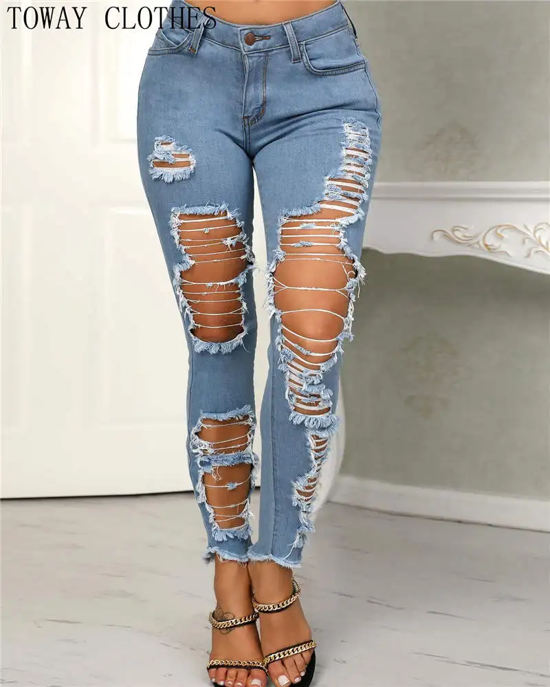 

Women Holey Frayed Hem Distressed Pencil Ladies Casual Denim Pants Boyfriend Jeans