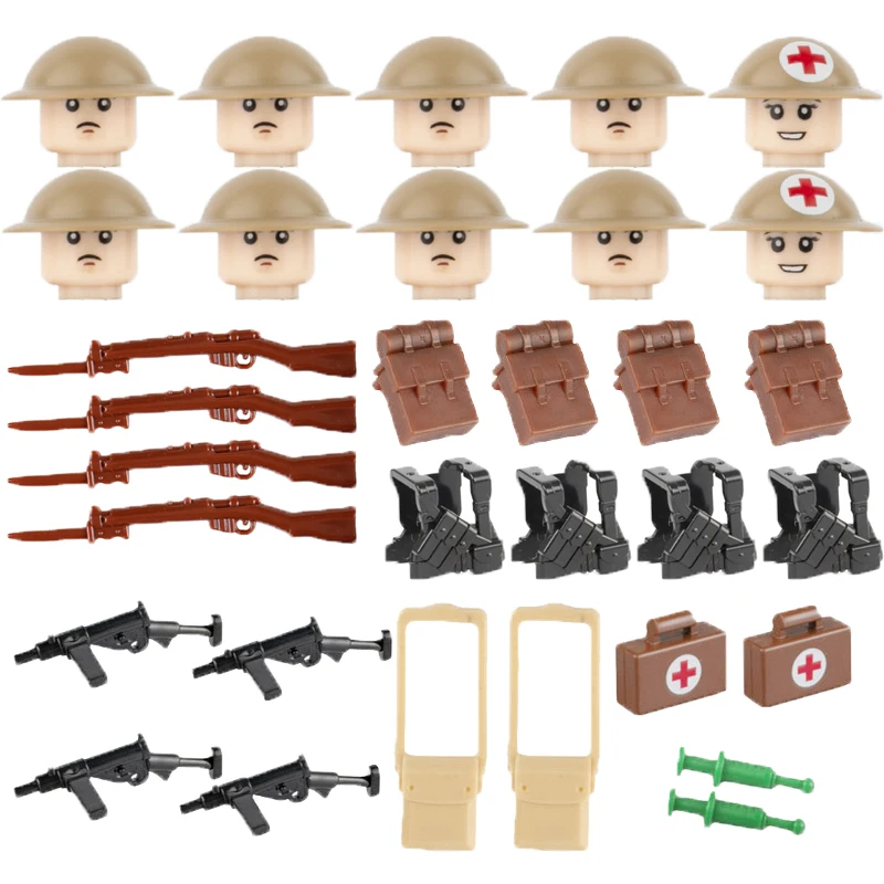 10PCS WW2 British Army Accessories Building Blocks Military Weapon Gun Medical Backpack Soldier Bren Car Bricks Toys Set D297 | Игрушки и