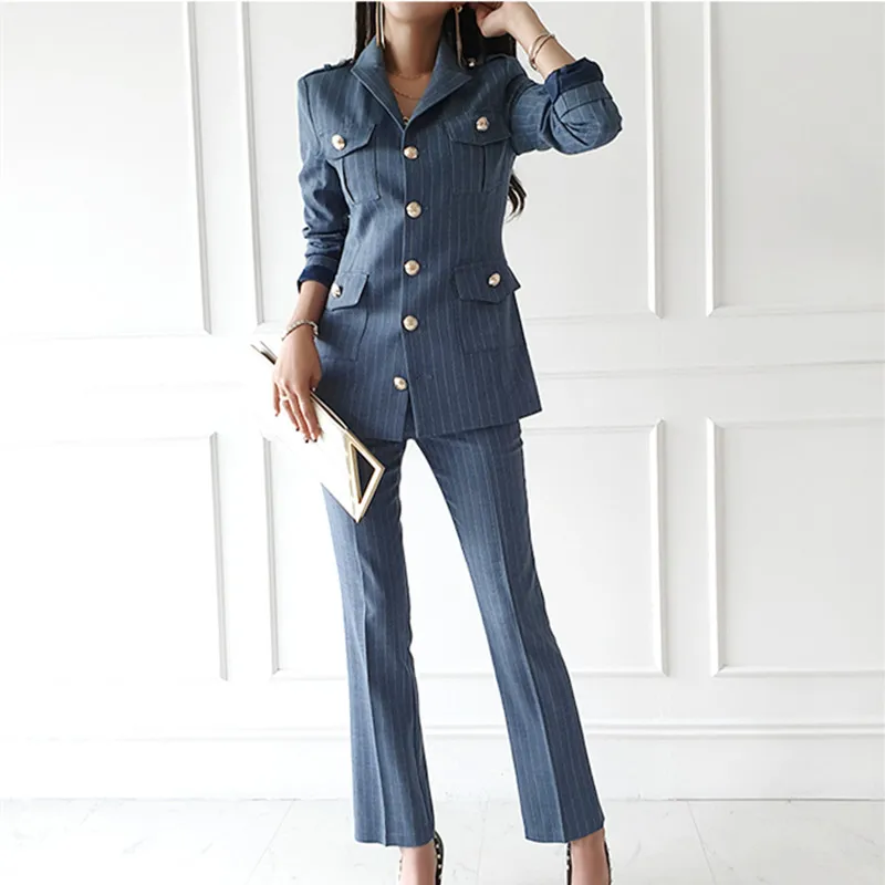 2020 Autumn Two Piece Set OL Office Women's Notched Collar Stripe Blazer Jacket&High Waist Pants Suit Female Wear Work Clothes
2020 Autumn Two Piece Set OL Office Women's Notched Collar Stripe Blazer Jacket&High Waist Pants Suit Female Wear Work Clothes