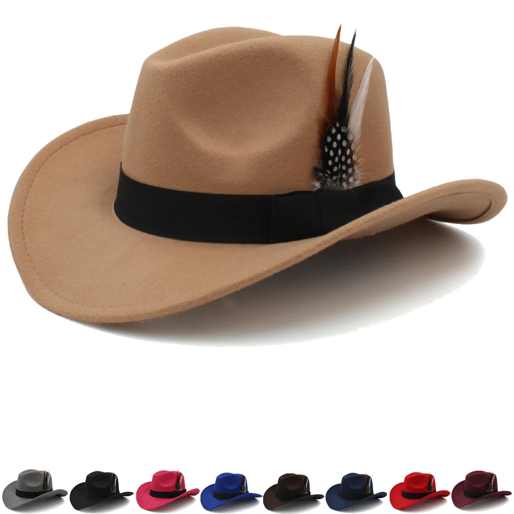 

3 Sizes Parent-child Men Women Kids Western Cowboy Hats Wide Brim Panama Sunhats Feather Band Fedora Caps Trilby Sombrero Travel