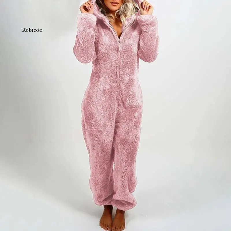 

Fleece Thicken Hoodied Warm Women Onesies Plus Velvet Zipper Long Sleeve Ladies Pajamas 2020 Winter Casual Solid Female Homewear