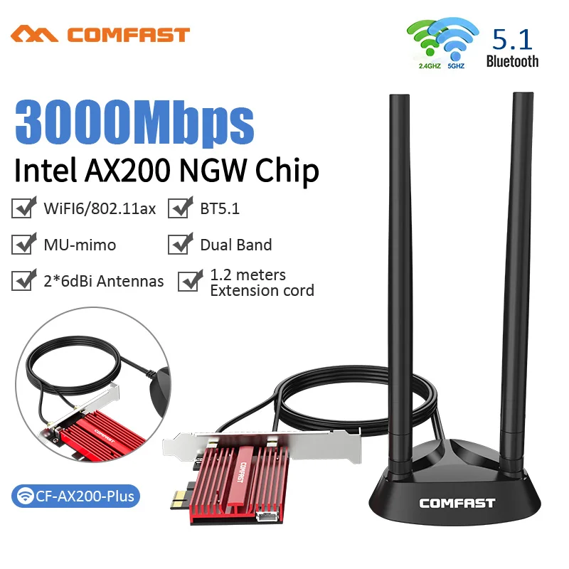 

Comfast 3000Mbps WiFi 6 PCI Express Bluetooth 5.1 Adapter Dual Band 2.4G/5GHz 802.11AC/AX Intel AX200 PCIe Wireless Network Card