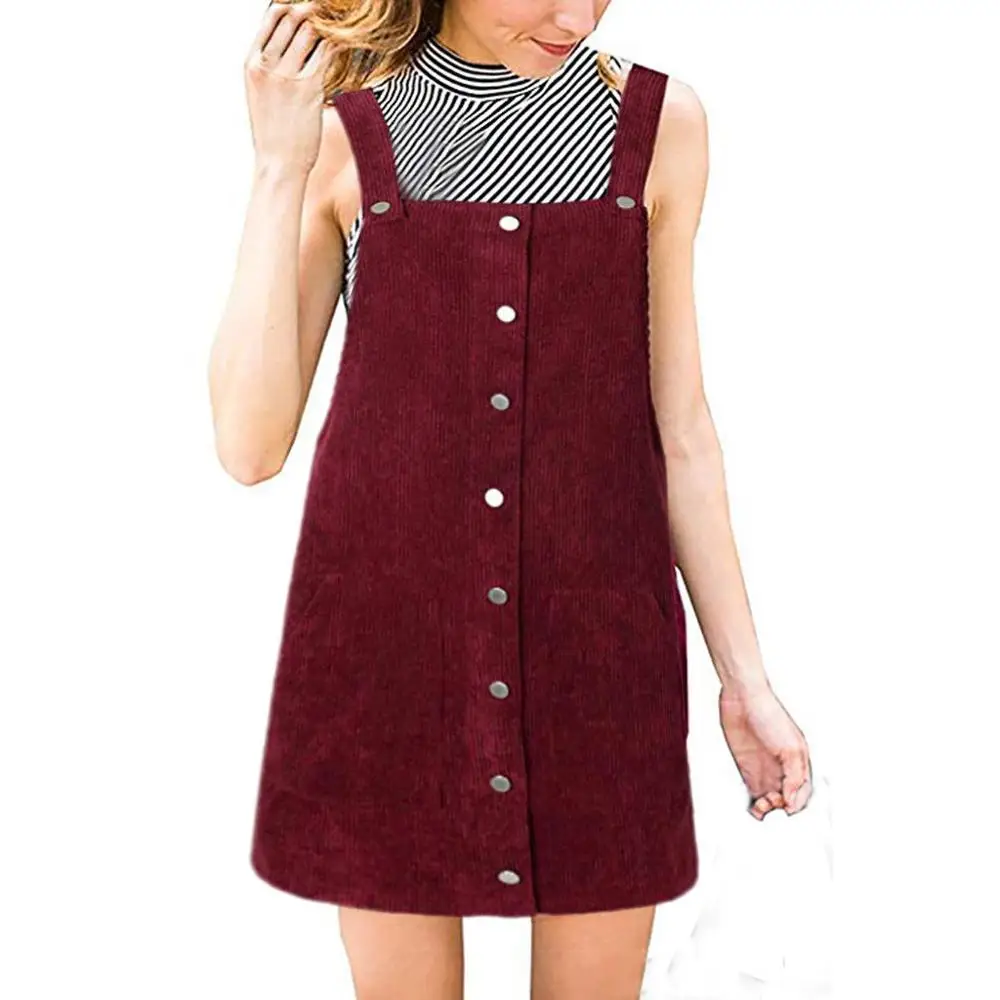 

Women Corduroy Dress Straight Suspender Mini Bib Overall Pinafore Casual Button Wild Dress 2020 Fashion Trends H1