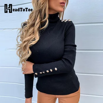 

Solid High Neck Buttoned Detail Sweaters Women Autumn Winter Turtleneck Casual Sweater Pullover Tops