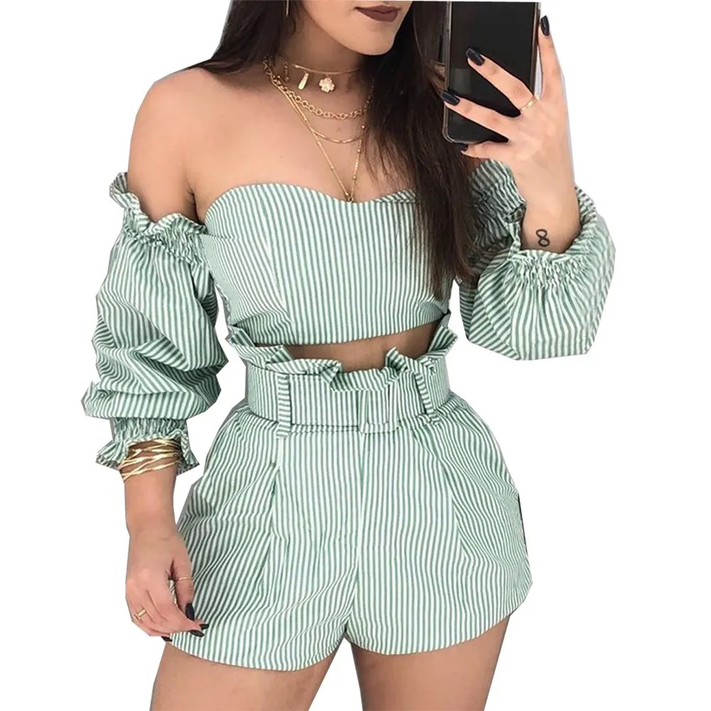 Фото Striped Ruffles Sexy 2 Piece Matching Set Casual Women Clothes Slash Neck Crop Tops And Causal Shorts Plus Size Summer | Женская одежда