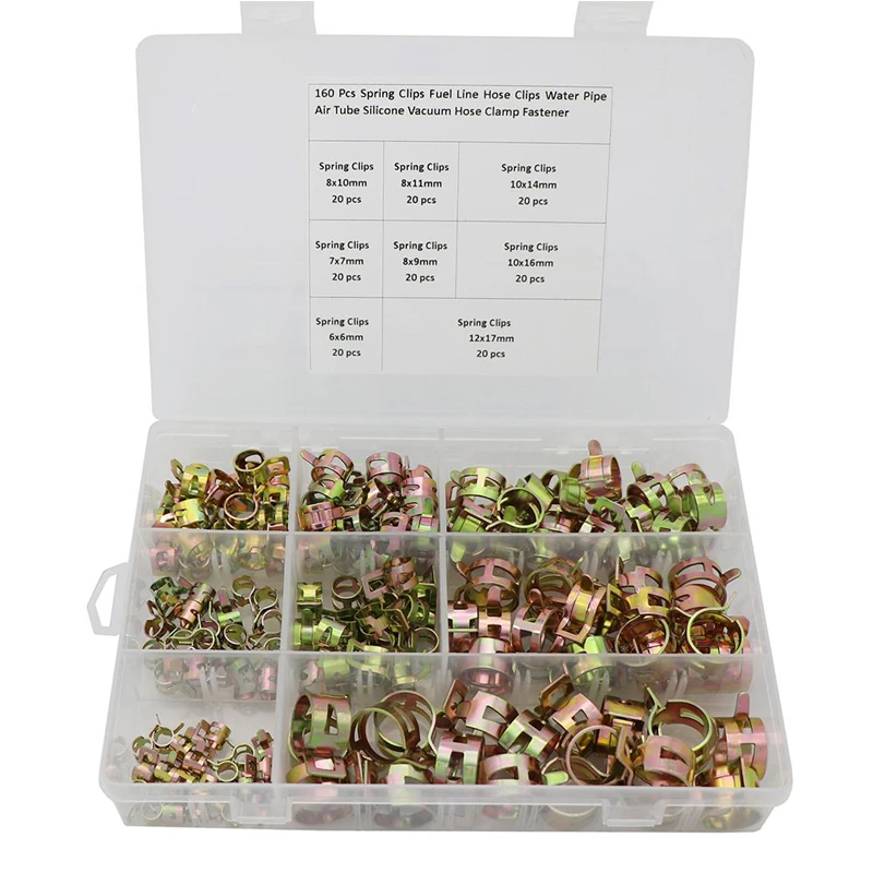 160PCS Spring Band Type Action Fuel Line Silicone Vacuum Hose Pipe Clamp Low Pressure Air Clip Clamps Fasteners Assortment Kit
160PCS Spring Band Type Action Fuel Line Silicone Vacuum Hose Pipe Clamp Low Pressure Air Clip Clamps Fasteners Assortment Kit
