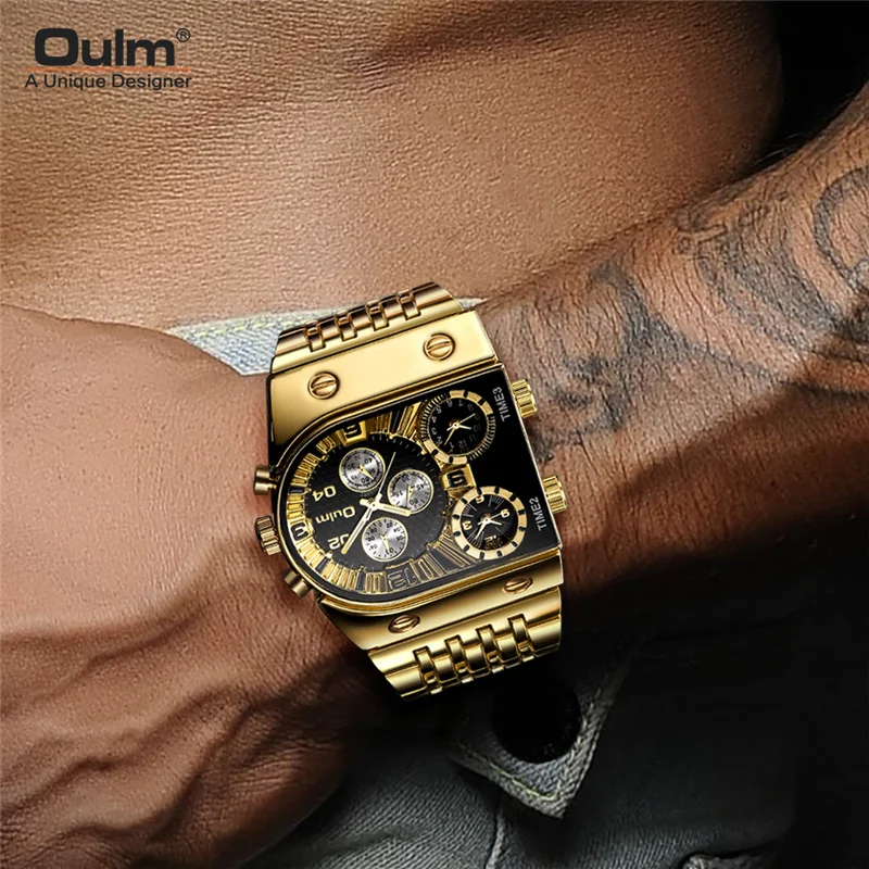 

Oulm New Men Military Waterproof Watches Luxury Brand 3 Time Zone Stainless Steel Big Dial Male Wrist Watch Relogio Masculino