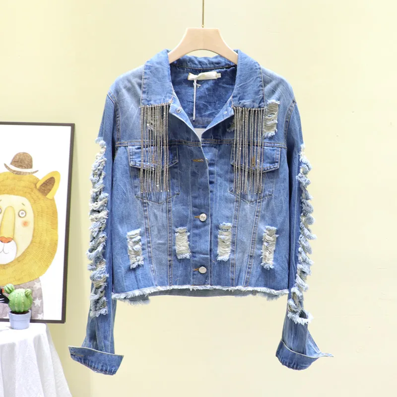 2020 Spring Autumn Short Chic Chain Tassel Letter Diamond Women Hole Denim jacket Plus size Casual Bomber jacket Chaqueta mujer
2020 Spring Autumn Short Chic Chain Tassel Letter Diamond Women Hole Denim jacket Plus size Casual Bomber jacket Chaqueta mujer