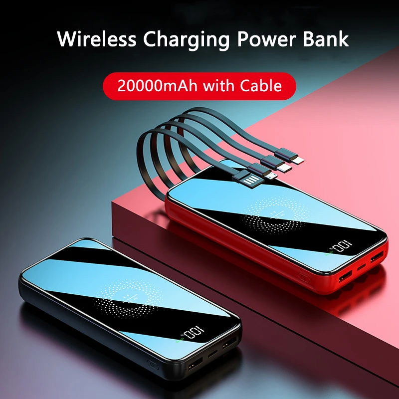 

Быстрое Qi Беспроводное зарядное устройство Power Bank Встроенный кабель 20000 мАч Внешняя батарея для iPhone 15 Samsung S22 Тип C Powerbank 10000 мАч