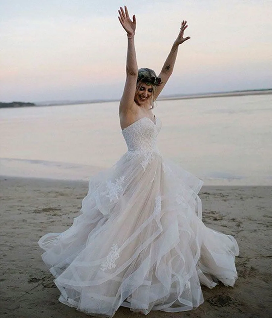 vestido de noiva Princess Ball Gown Wedding Dress Sexy Strapless Bride Wedding Gowns White Ivory Lace Appliques Wedding Dress (1)