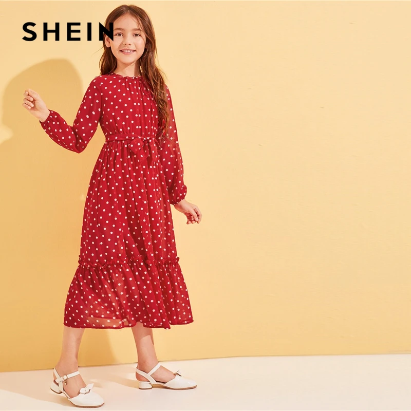 

SHEIN Kiddie Red Polka Dot Frill Trim Belted Girls Cute Dress 2019 Autumn Long Sleeve Ruffle Hem A Line Long Dresses For Kids