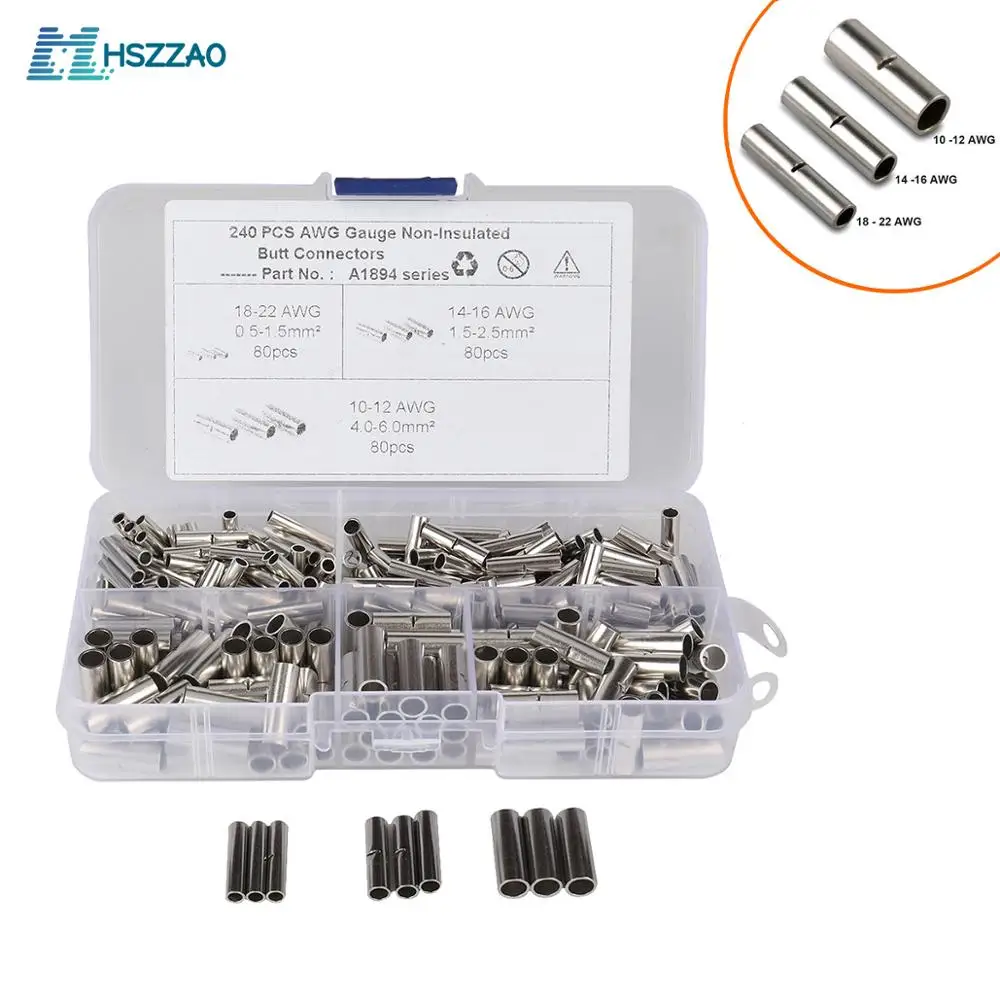 240pcs 18-22 14-16 10-12 AWG Gauge Non-Insulated Butt Connectors Uninsulated Wire Ferrule Cable Crimp Terminal Kit For car Ship
240pcs 18-22 14-16 10-12 AWG Gauge Non-Insulated Butt Connectors Uninsulated Wire Ferrule Cable Crimp Terminal Kit For car Ship