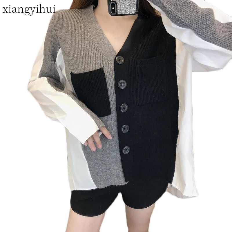 2019 Spring Autumn Long Sleeve Knitted Patchwork Cardigans Single Breasted V-neck Irregular Sweater Cardigan for Ladies
2019 Spring Autumn Long Sleeve Knitted Patchwork Cardigans Single Breasted V-neck Irregular Sweater Cardigan for Ladies