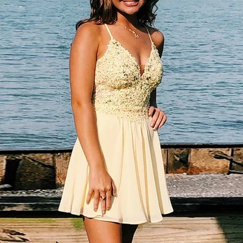 Lace Up Back Short Yellow Homecoming Dress Lace Appliques Chiffon Party Dresses Spaghetti Strap V Neck Sexy Cocktail Dress
Lace Up Back Short Yellow Homecoming Dress Lace Appliques Chiffon Party Dresses Spaghetti Strap V Neck Sexy Cocktail Dress