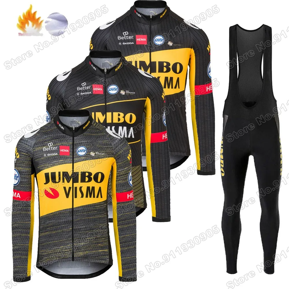 Jumbo Visma Team 2021 Winter Cycling Jersey Set Fleece Mens Clothing Long Sleeve MTB Bike Road Pants Bib Maillot Culotte | Спорт и