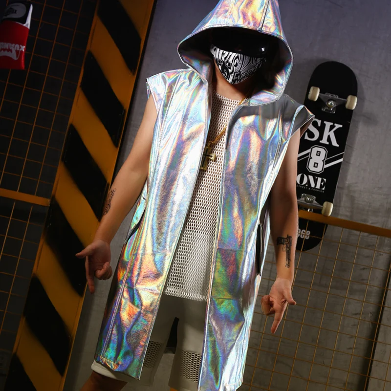 

Nightclub Men PU Leather Silver Hooded Sleeveless Cloak Gogo Dance Costume Rave Clothes Bar Stage DJ Costumes Singer Long Suit