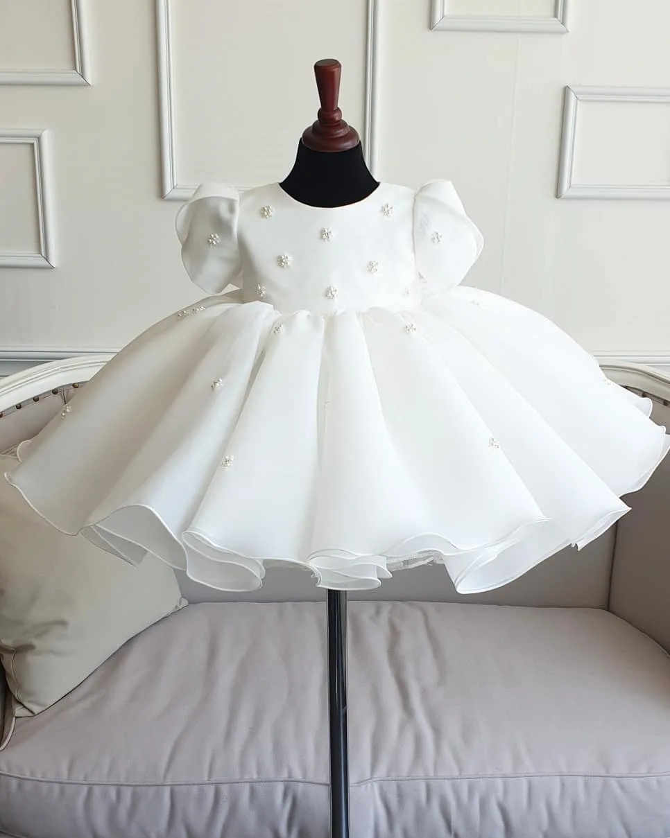 

Baby Beading Dress Ivory Flower Dresses Organza Pageant Party Wedding Flower Girl Tutu Gown