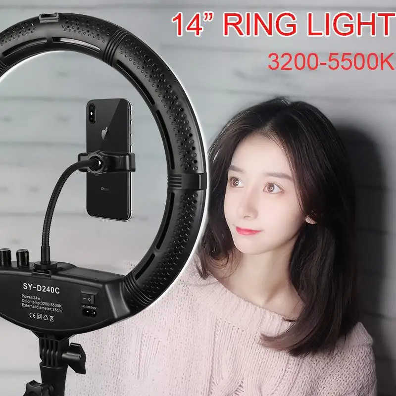 Photo Studio 14" Ring Light 24W 3200-5500K Stepless adjusted Warm& Cold Lighting Lamp Photographic Light with 2 Phone Holder
Photo Studio 14" Ring Light 24W 3200-5500K Stepless adjusted Warm& Cold Lighting Lamp Photographic Light with 2 Phone Holder