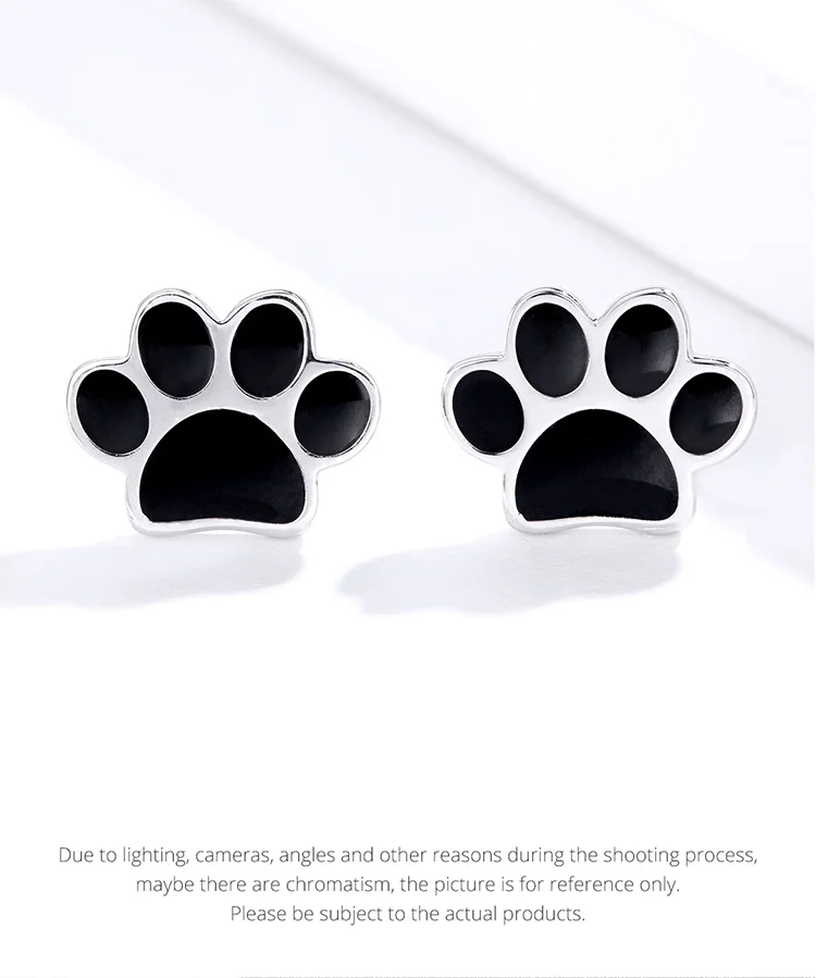 Paw Dog Footprint Black Stud Earrings 925 Sterling Silver For Women - PeticaDeals