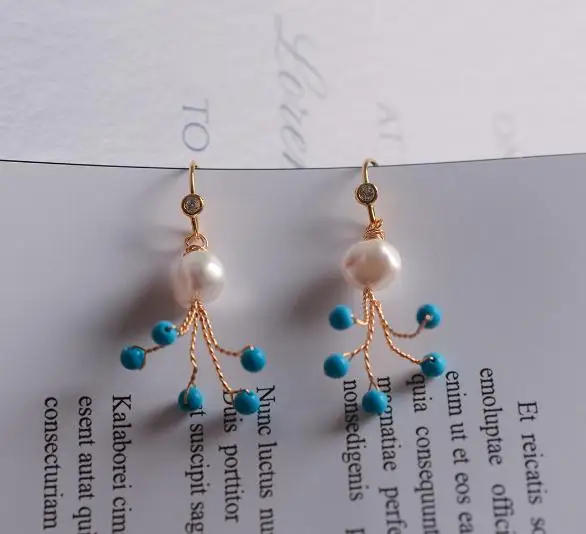 

New Natural Pearl Earrings Pine Stone Fireworks Earrings Handmade White Baroque Real Freshwater Pearl Turquoise Fine Jewelry