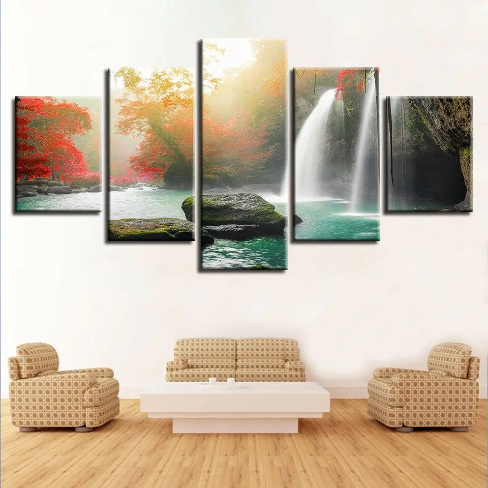 

No Framed 5 pieces Waterfall Red Tree Landscape Home Decor Modular Pictures Modern Canvas Paintings Printed Posters Wall Art