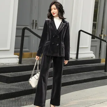 Women's suit velvet double-breasted slim suit two-piece women's suit blazer with trousers set business casual business wear 
Women's suit velvet double-breasted slim suit two-piece women's suit blazer with trousers set business casual business wear