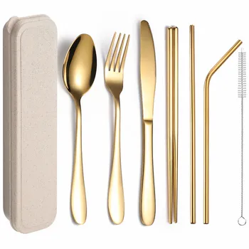 Golden Cutlery Set Knife Spoon Fork Chopstick Tableware Sets Portable Utensils Reusable Travel Camping Dinnerware Sets with Case