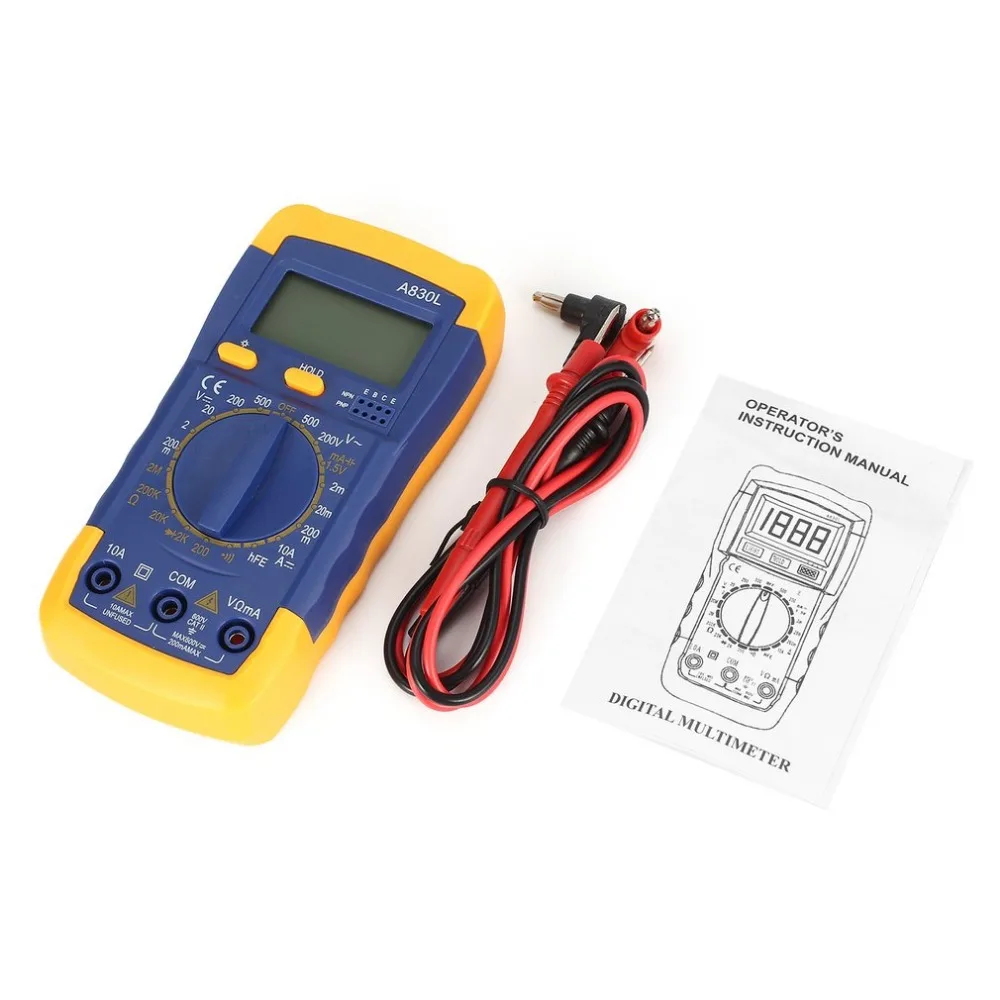 A830L Backlight Digital LCD Multimeter Voltmeter Ammeter AC DC Diode Resistence OHM Volt Tester Test Current Data Hold
A830L Backlight Digital LCD Multimeter Voltmeter Ammeter AC DC Diode Resistence OHM Volt Tester Test Current Data Hold