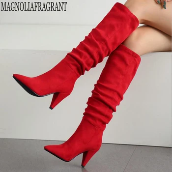 

2019 Knee High boots Women Autumn Faux Suede Fashion Cone type Woman Shoes High-heeled thigh high boots botas mujer y300