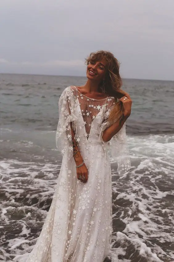 

Элегантное свадебное платье с аппликацией, шикарное пляжное свадебное платье 2020, блестящее, звездное, а-силуэта, бохо, свадебное платье с открытой спиной, летние свадебные платья