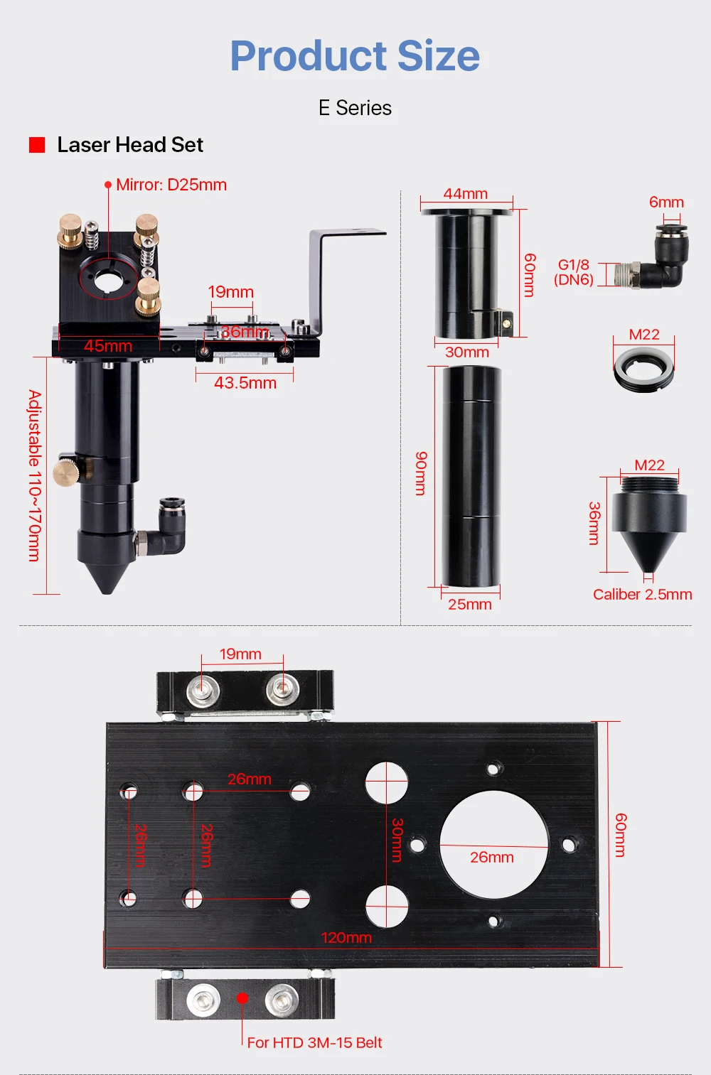 Cloudray New CO2 E Series Laser Head Set with Lens D20mm FL50.8 & 63.5 & 101.6 Mirror 25mm for Laser Engraving Cutting Machine