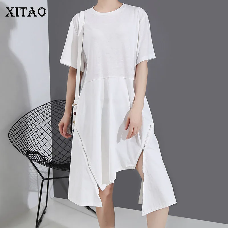 XITAO Split Women Dress Fashion New Elegant Pullover White Goddess Fan Casual Style 2020 Summer Irregular ZLL5232 | Женская одежда