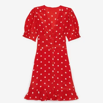 Women Ruffles Red Color Mini Dress Buttons V-neck Dot Print Short Puff Sleeve High Waist A-line Short Dress Holiday Style
Women Ruffles Red Color Mini Dress Buttons V-neck Dot Print Short Puff Sleeve High Waist A-line Short Dress Holiday Style
