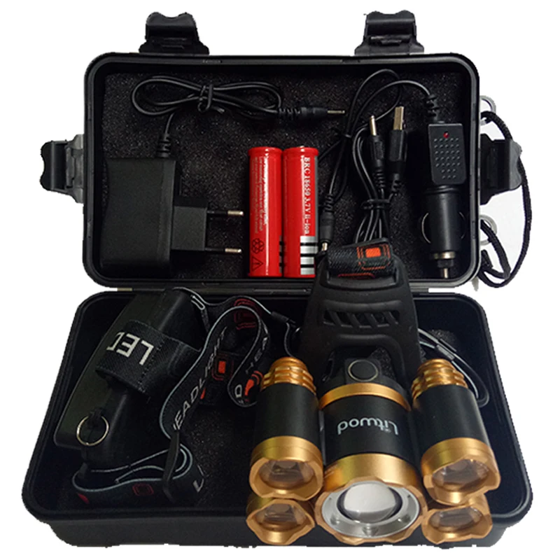 30000LM Headlamp 5 LEDS Zoomable LED Lens XM-L T6 Headlight Head Lamp Lighting Light Lantern Rechargeable For Fishing | Лампы и