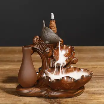 

Buddha Backflow Incense Burner Porcelain Fish Lotus Incense Cone Holder Smoke Waterfall Backflow Buddhism Censer Home Crafts