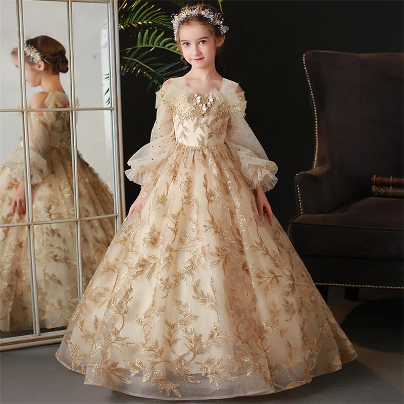 2021 New Arrival High Quality Children Girls Autumn Winter Golden Embroidery Lace Birthday Evening Party Ceremony Princess Dress |