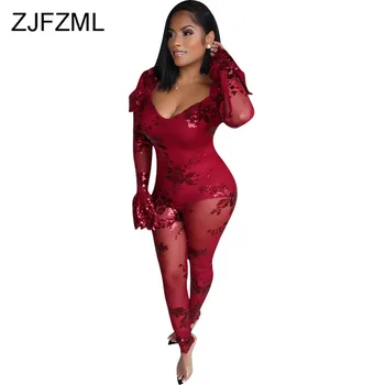 

Sheer Mesh Sequin Spliced Bodycon Romper Women Deep V Neck Long Puff Sleeve Jumpsuit Fashion Backless Perspective Party Overall