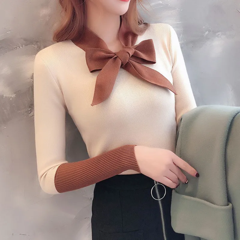 Sweet Sweater Women Autumn New Bow Decoration Casual Sweater V Neck Long Sleeve Stitching Design Knitted Pullover Sweater 
Sweet Sweater Women Autumn New Bow Decoration Casual Sweater V Neck Long Sleeve Stitching Design Knitted Pullover Sweater