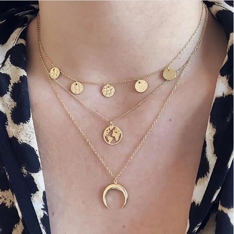 Women Fashion Necklaces World Map Wafer Moon Pendant Multilayer Necklace Bohemia Beach Charm Party Jewelry Accessories
Women Fashion Necklaces World Map Wafer Moon Pendant Multilayer Necklace Bohemia Beach Charm Party Jewelry Accessories