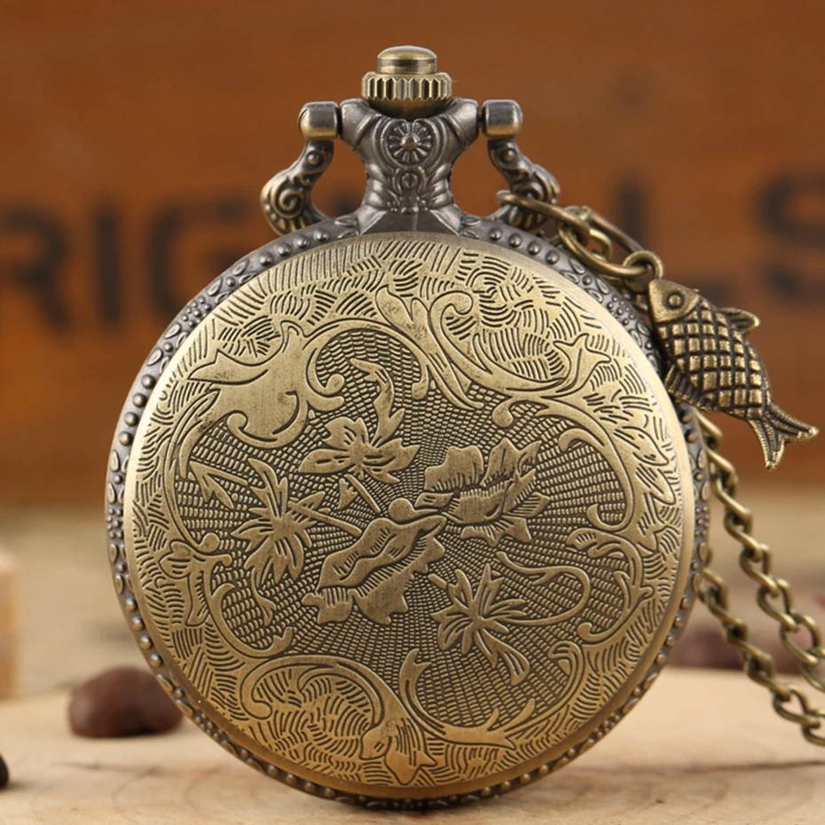 Яркие карманные кварцевые часы с резьбой по рыбалке винтажные бронзовые