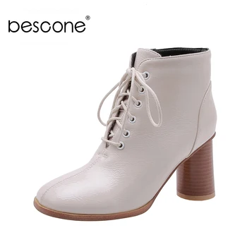 

BESCONE Lace-Up Women Mid-Calf Boots Winter Warm Handmade Microfiber Round Heel Shoes New Comfortable Solid Ladies Boots BM252