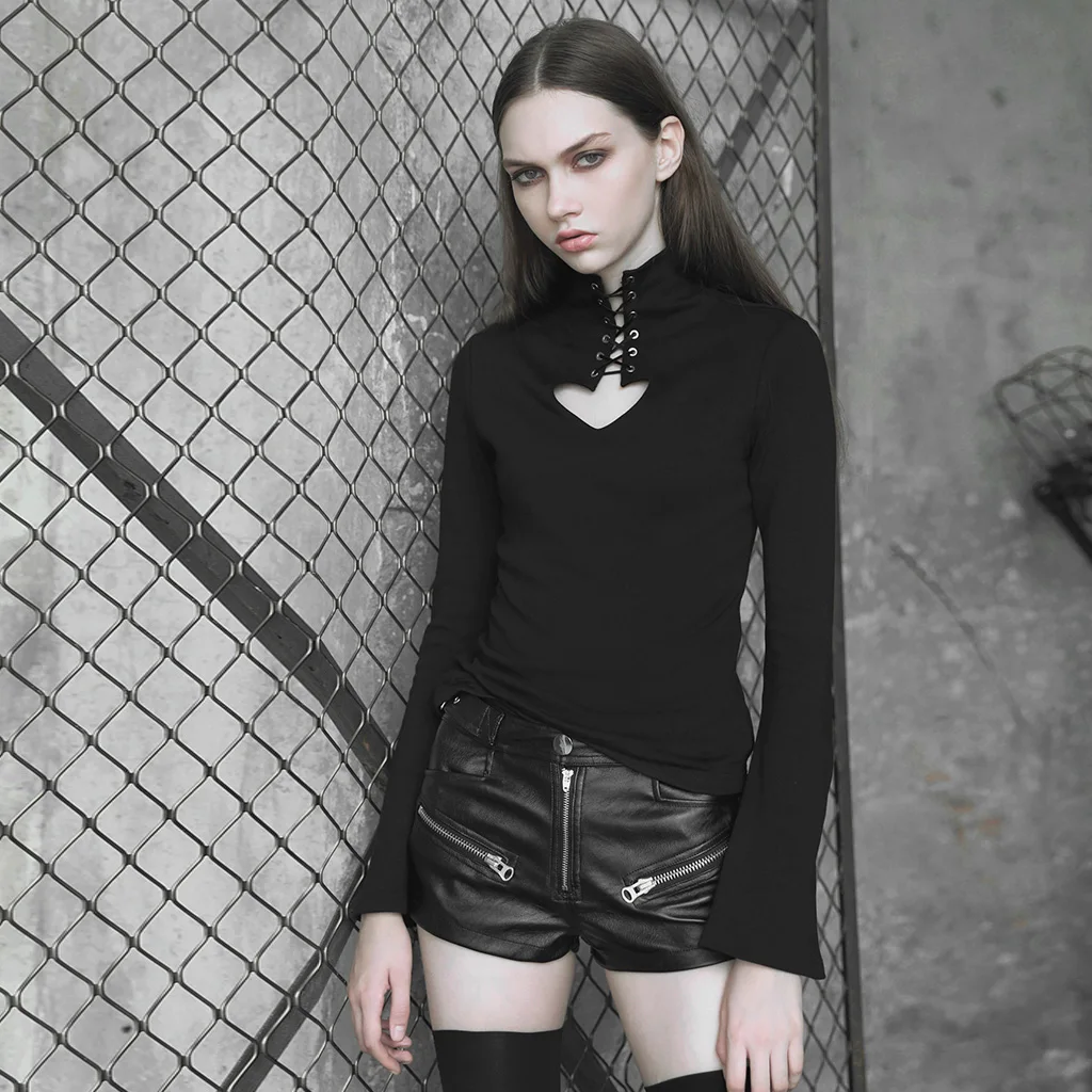 PUNK RAVE Women's Heart Hollowing Out Tie-up Rope Eyelet Tight Sweater Sexy Personality High Colloar Flare Sleeve T-shirt
PUNK RAVE Women's Heart Hollowing Out Tie-up Rope Eyelet Tight Sweater Sexy Personality High Colloar Flare Sleeve T-shirt
