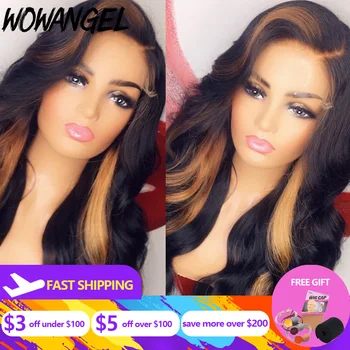 

Wowangel Brazilian Remy Hair 13X6 Lace Front Wig Body Wavy Ombre Blonde Highlights Color 180% Density With Pre Plucked Hairline