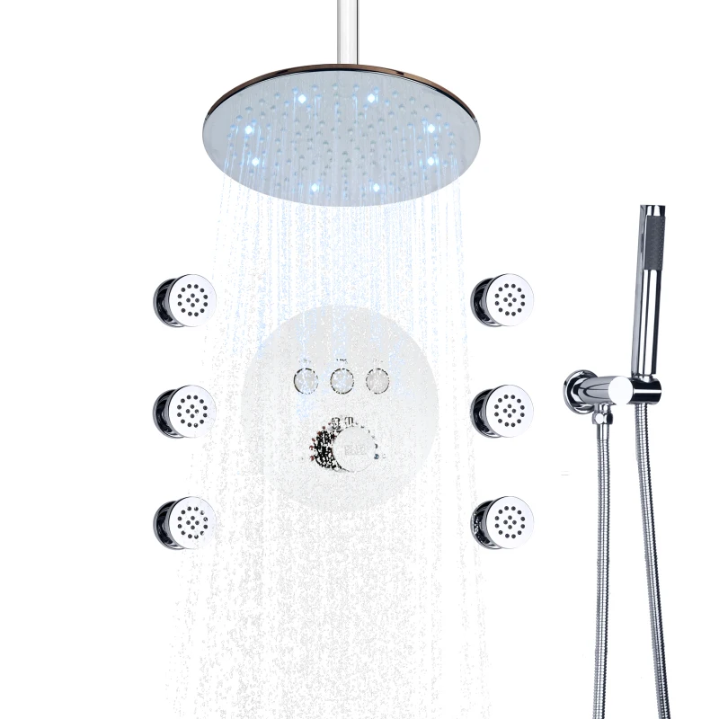 

Hot Sales Chrome Polished Rainfall Shower System 10 Inch LED Bathroom Thermostatic Showers Combo Set With Handheld